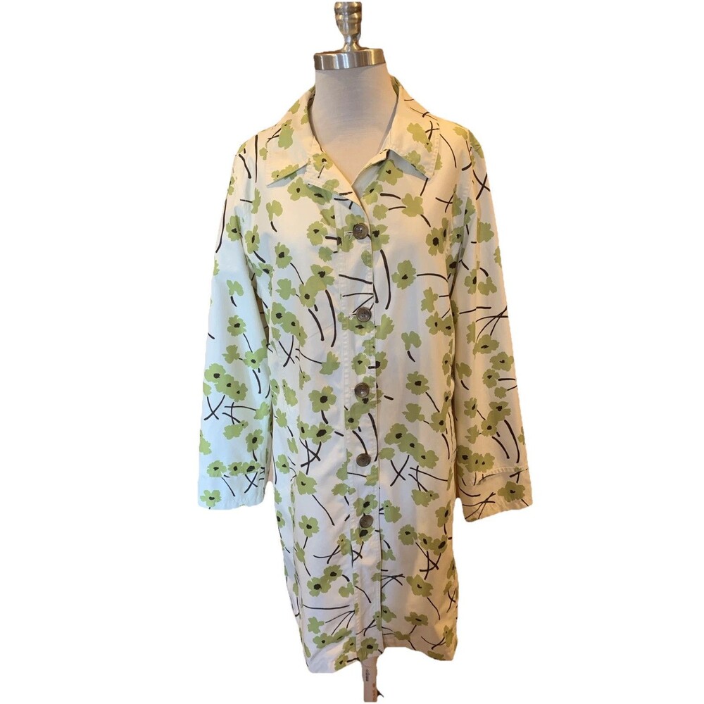 Lands' End Cream Trench Coat with Green Floral Print